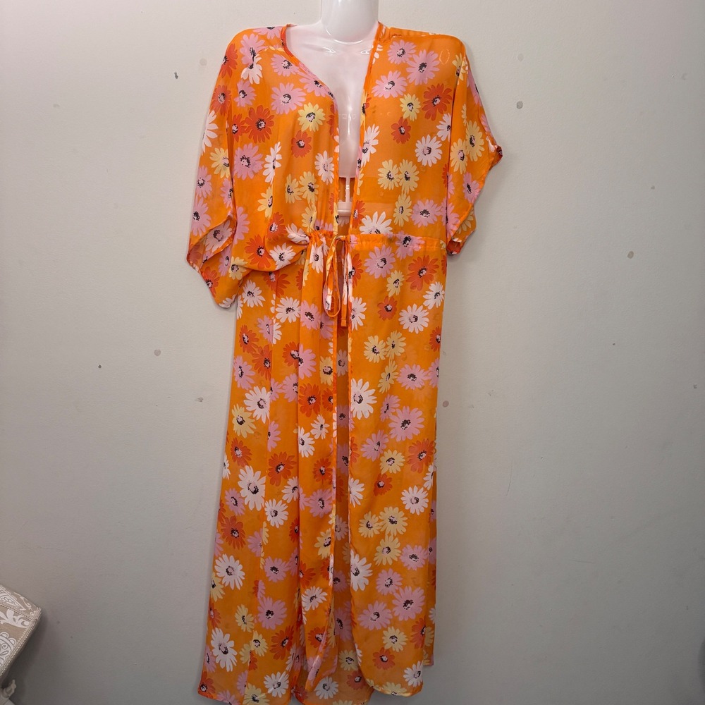 Persaya Floral Kimono Duster Shawl Sheer‎ Cover Up Orange Pink Yellow M